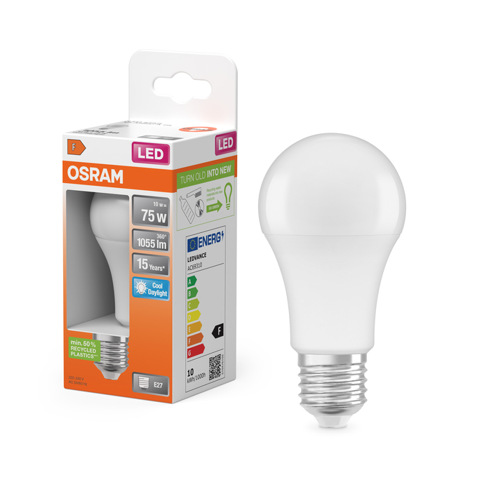 OSRAM CLA75 LED 10W 865 E27 Lamp Frosted Daylight with High Brightness and Energy-Efficient LED Design, Suitable for Work and Study Spaces